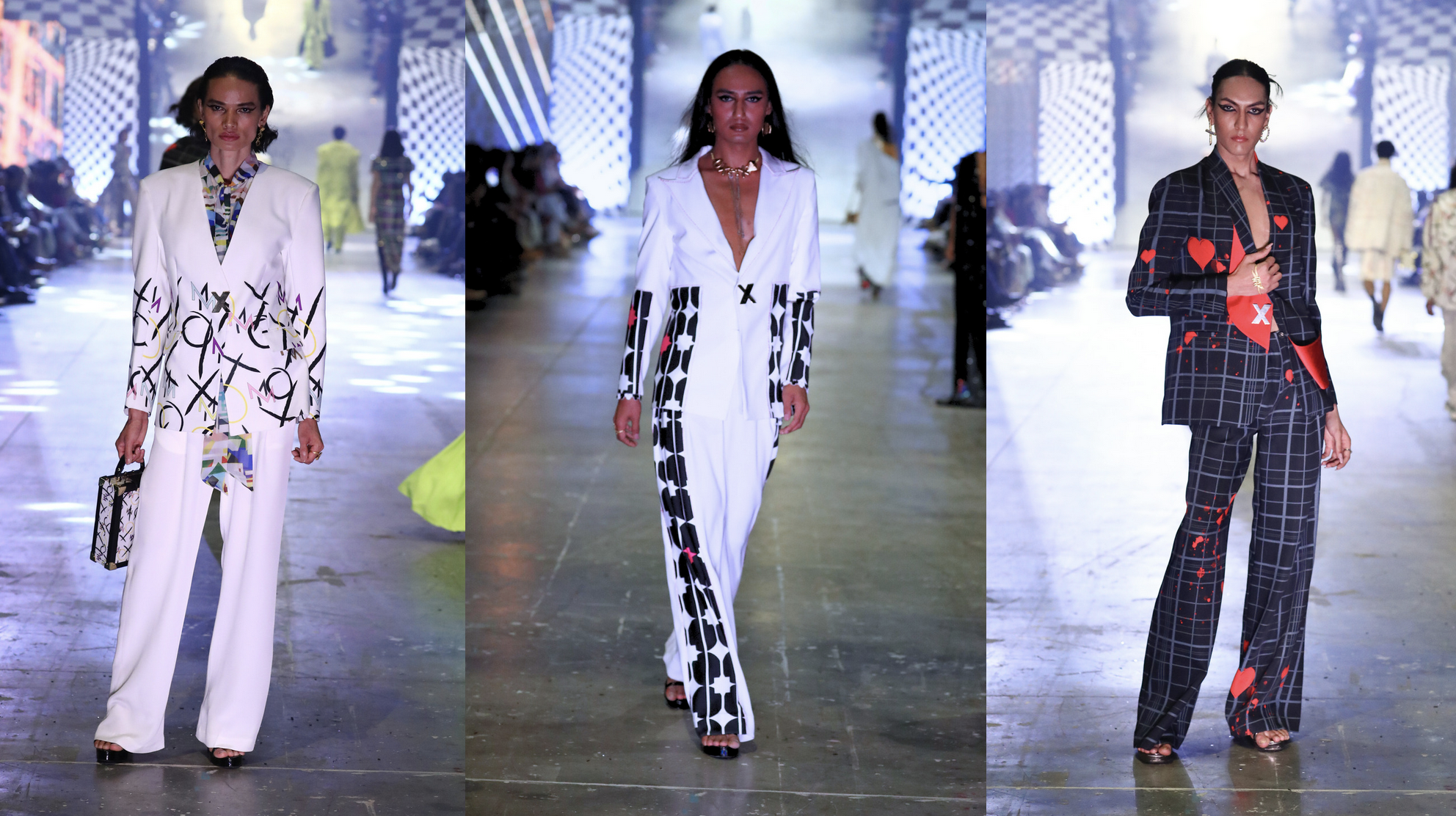 Left to Right, Anjali Lama, Glorious Luna ‘Suruj’, Gaia Kaur walking for Manish Malhotra at the LFW2023 Grand Finale